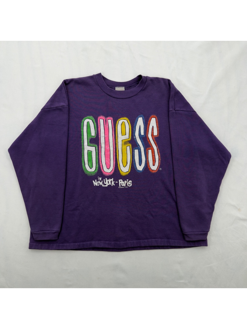 Vintage 1989 Guess Purple Colorful Logo Graphic Crewneck Sweatshirt Oversized M